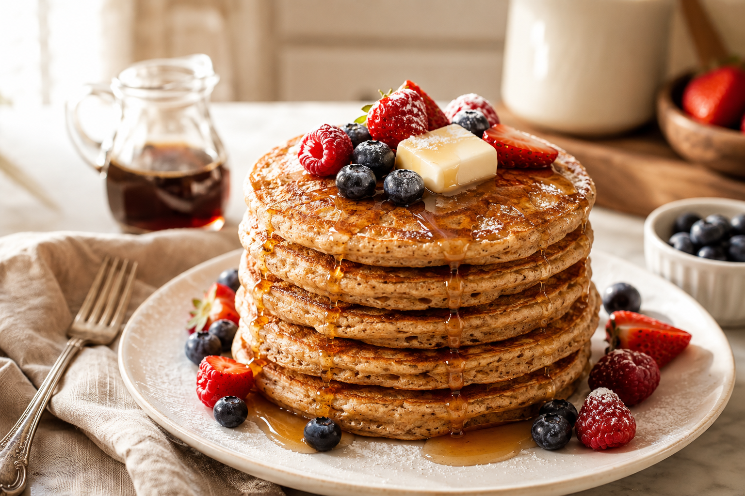 Show a tall stack of 5–6 fluffy golden-brown pancakes with slightly rustic whole wheat texture, visible airy layers, and crispy edges. Top with a melting cube of butter, fresh blueberries, raspberries, sliced strawberries, and light powdered sugar dusting. Capture warm maple syrup slowly dripping down the sides with glossy shine.
