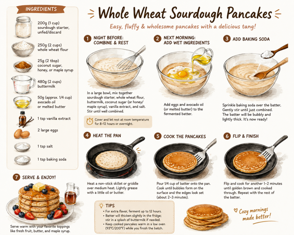 Illustrated step-by-step recipe infographic for whole wheat sourdough pancakes. The image features a cozy, hand-drawn style layout with an ingredient list on the left including sourdough starter, whole wheat flour, buttermilk, eggs, vanilla, oil, salt, and baking soda. The center and right sections show the pancake-making process: mixing batter the night before, resting overnight, adding eggs and oil the next morning, stirring in baking soda, cooking pancakes on a skillet, flipping until golden brown, and serving a finished pancake stack topped with butter, berries, and maple syrup. Warm neutral colors and a clean recipe blog design make the tutorial easy to follow.